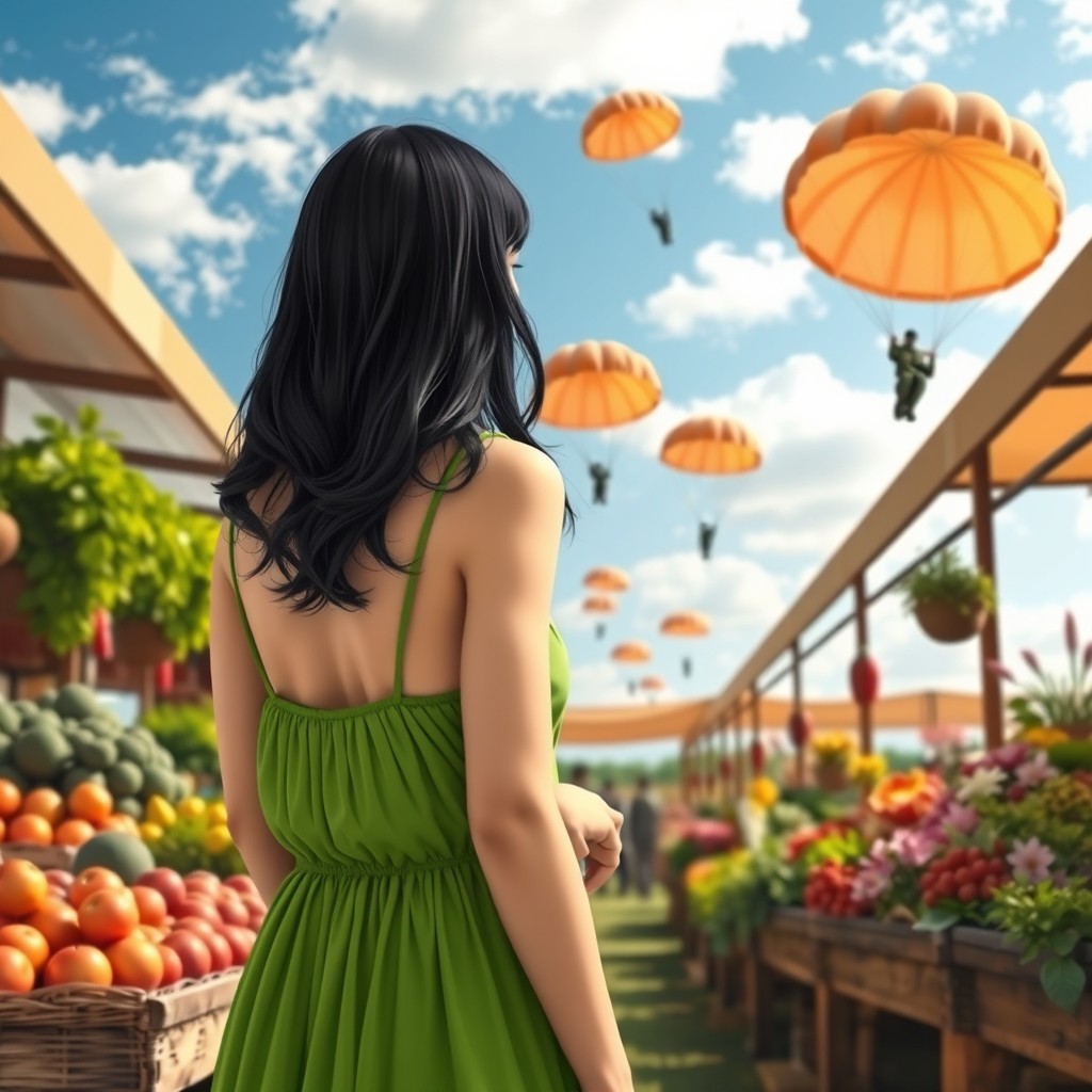 A delightful market garden scene featuring a young white woman with long black hair, wearing a vibrant green sundress, standing in the middle of the scene and viewed from behind as she buys fresh fruits
