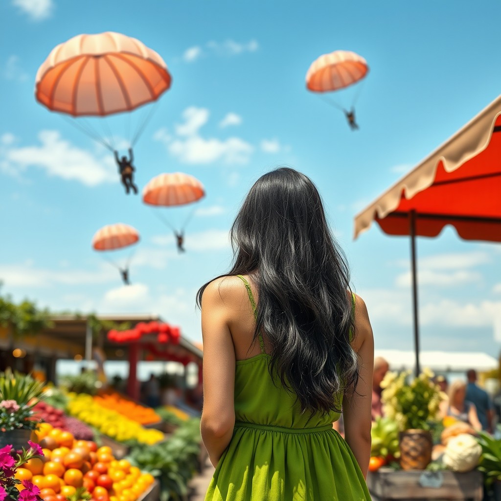 A charming market garden scene featuring a young white woman with long black hair, wearing a vibrant green sundress, standing farther back in the scene as she buys fresh fruits