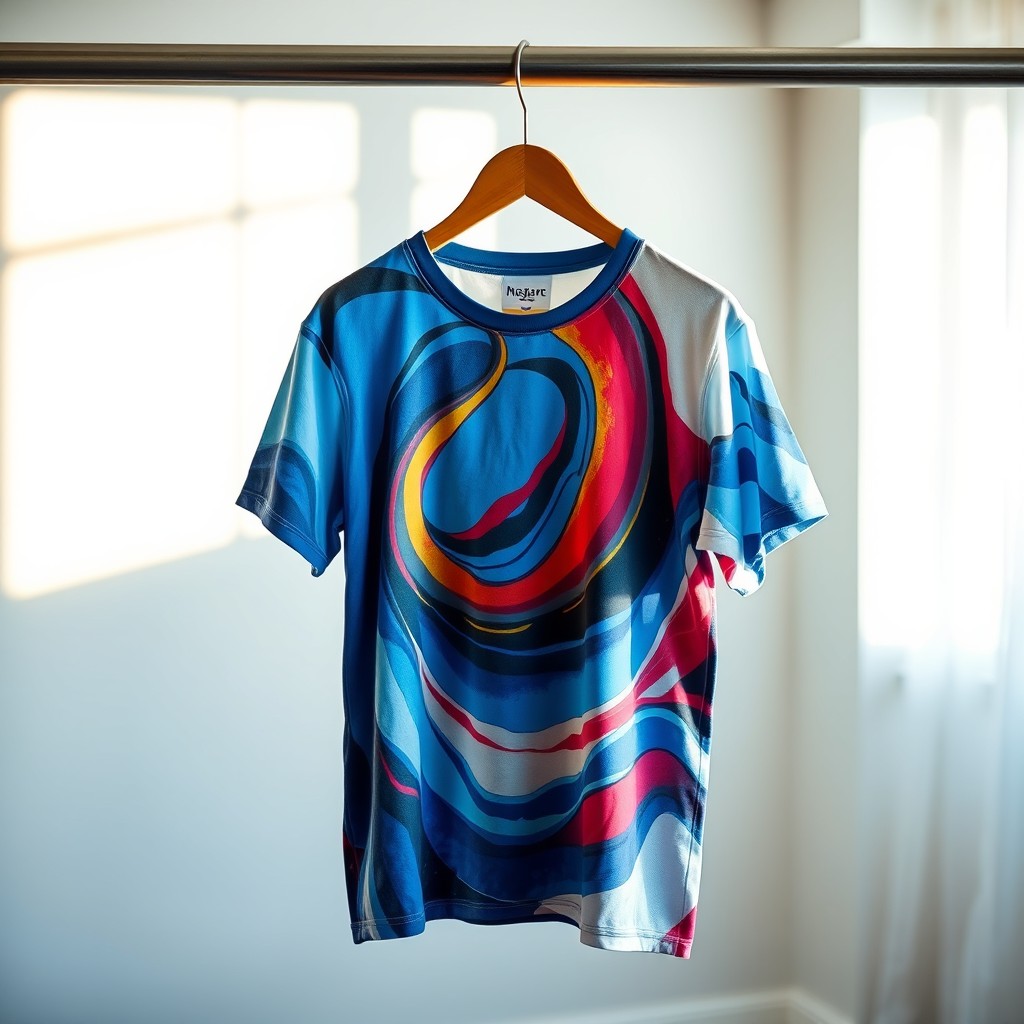 A stylish and trendy t-shirt displayed on a minimalist wooden hanger in a bright room