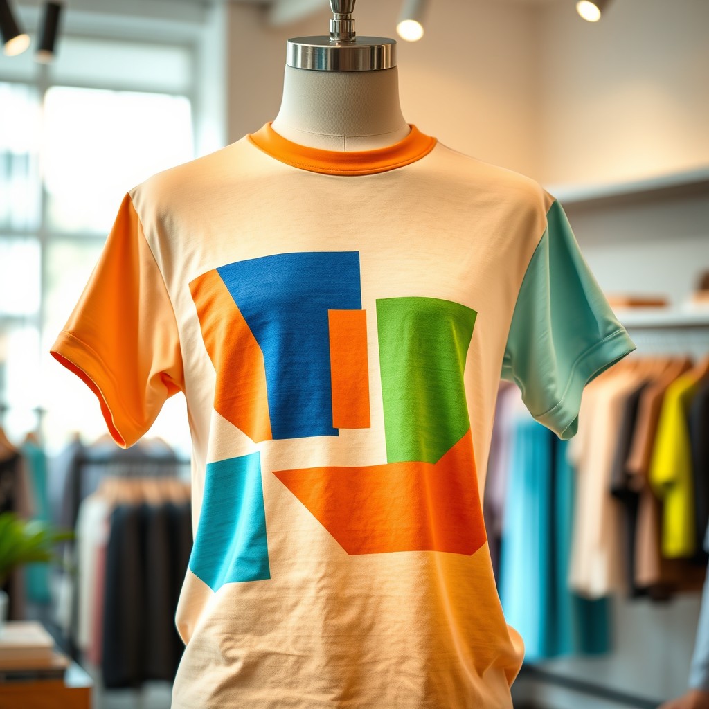 A vibrant and stylish t-shirt displayed on a mannequin, showcasing a unique graphic design featuring abstract geometric shapes in bold colors, bright blue, orange, and green