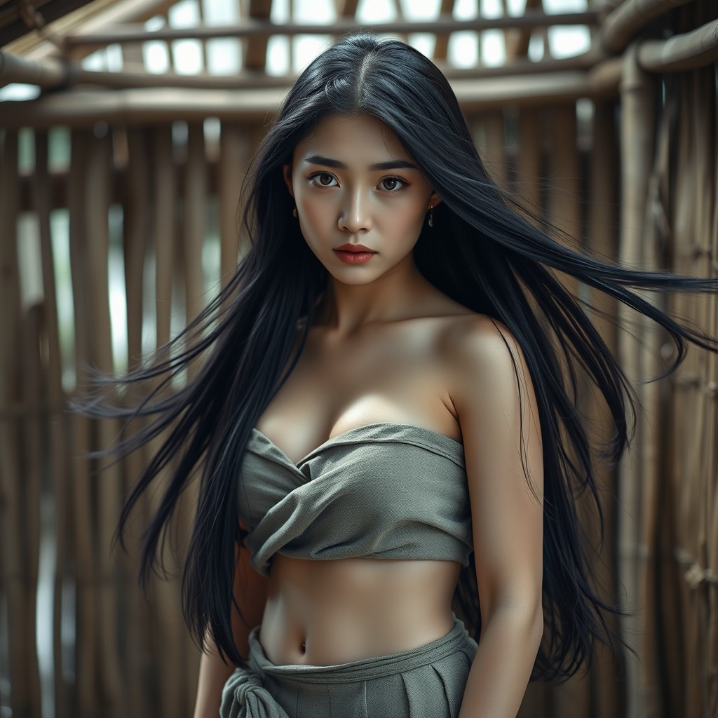 A 21-year-old adult woman from Korea, beautiful with long black hair flowing freely, portraying an indigenous character
