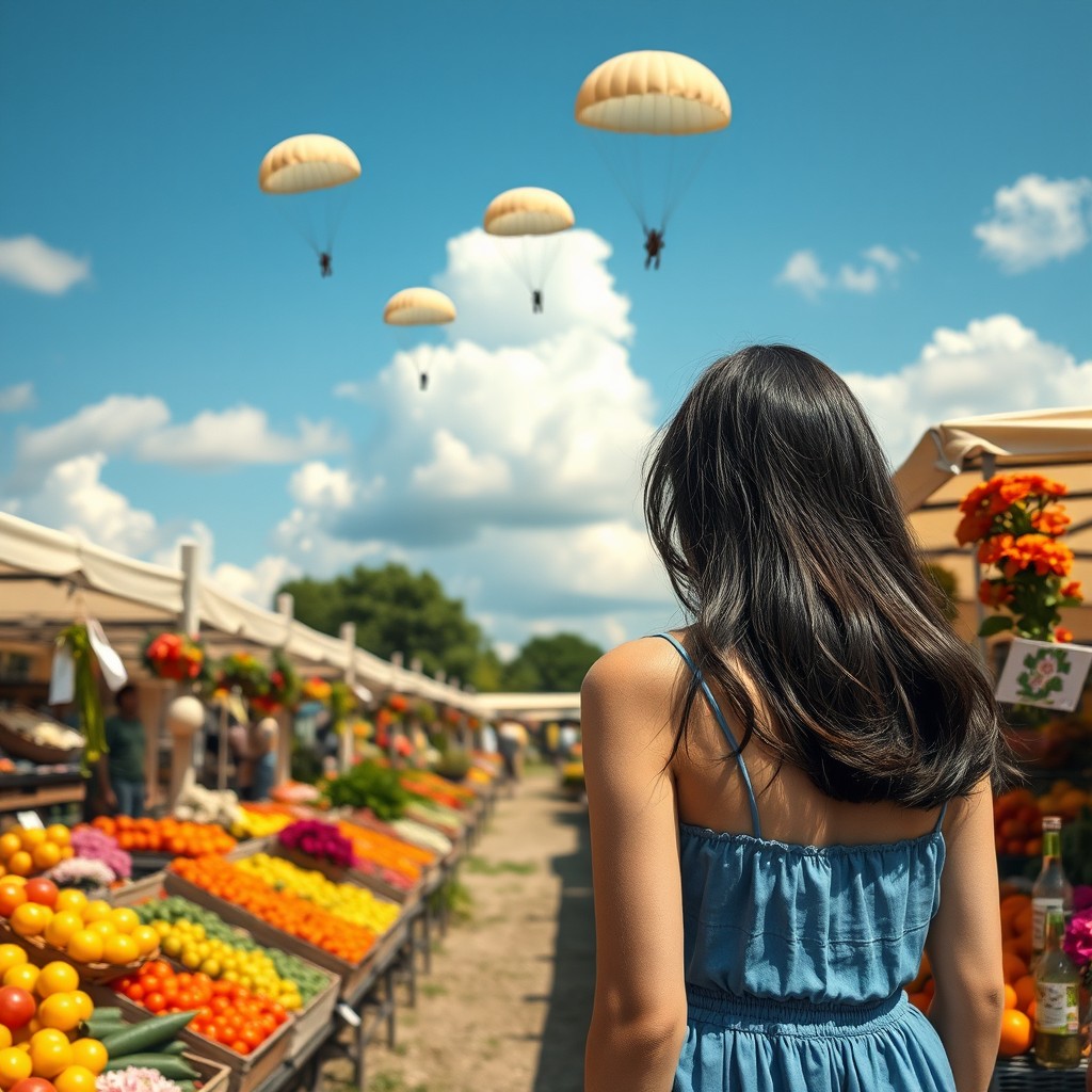 A lively market garden scene featuring a young white woman with long black hair, dressed in a blue sundress, standing farther back in the scene while buying fresh fruits
