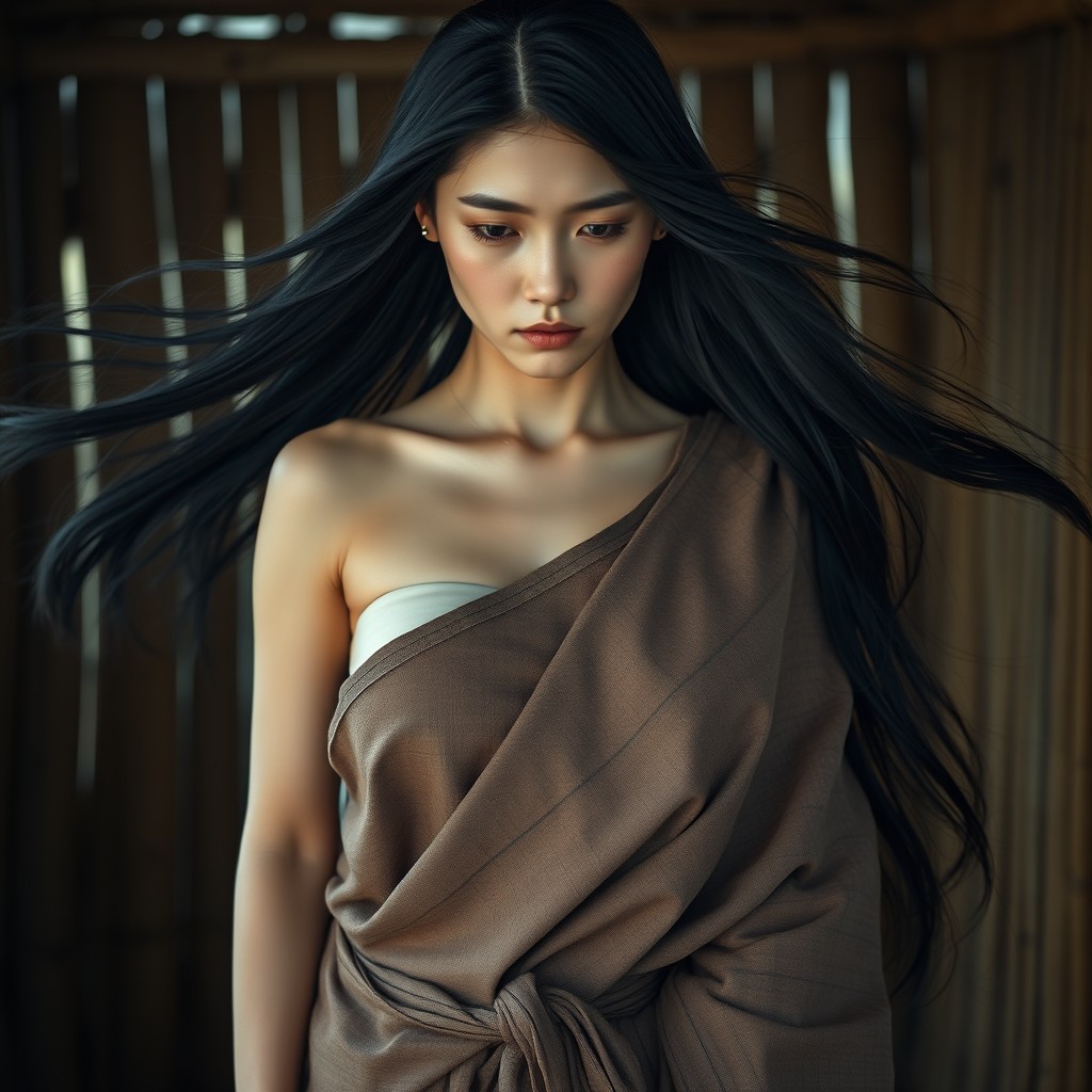 A 23-year-old adult woman from Korea, beautiful with long black hair flowing freely, depicting an indigenous character