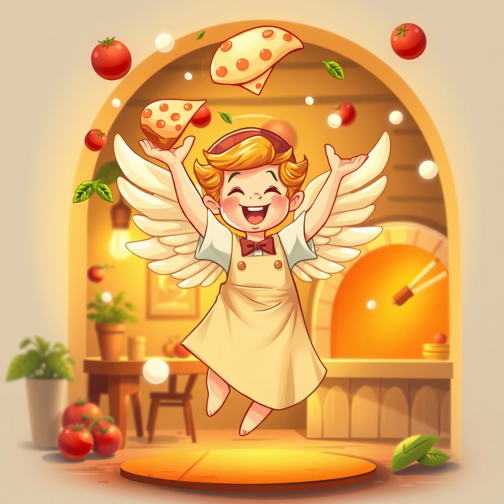 A whimsical pizzaïolo angel character, featuring a joyful angel with delicate wings, wearing a traditional pizzeria outfit complete with a chef's hat and apron