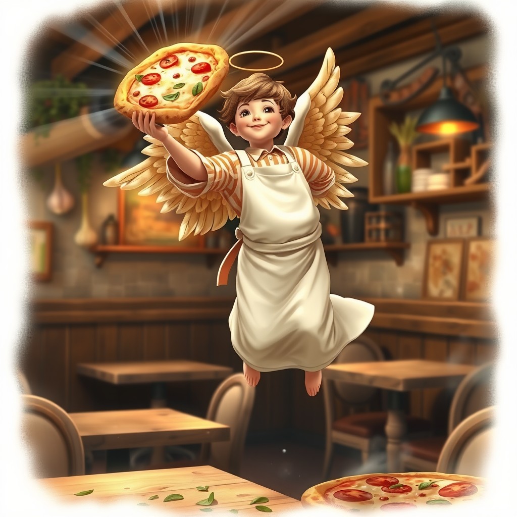 A serene and whimsical depiction of a pizzaïolo angel, gracefully hovering with a warm smile
