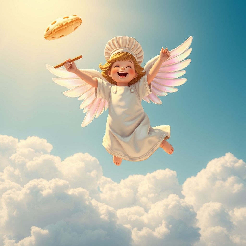 A whimsical, celestial pizzaïolo angel, floating gracefully in the sky, wearing a traditional pizza chef's hat and apron