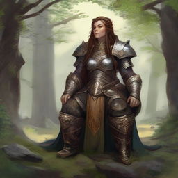 A dwarven female kineticist, adorned in her formidable heavy armor, meditates in profound tranquility. Around her, the shifting, tangible energy of nature takes form, reflecting her deep elemental bond.