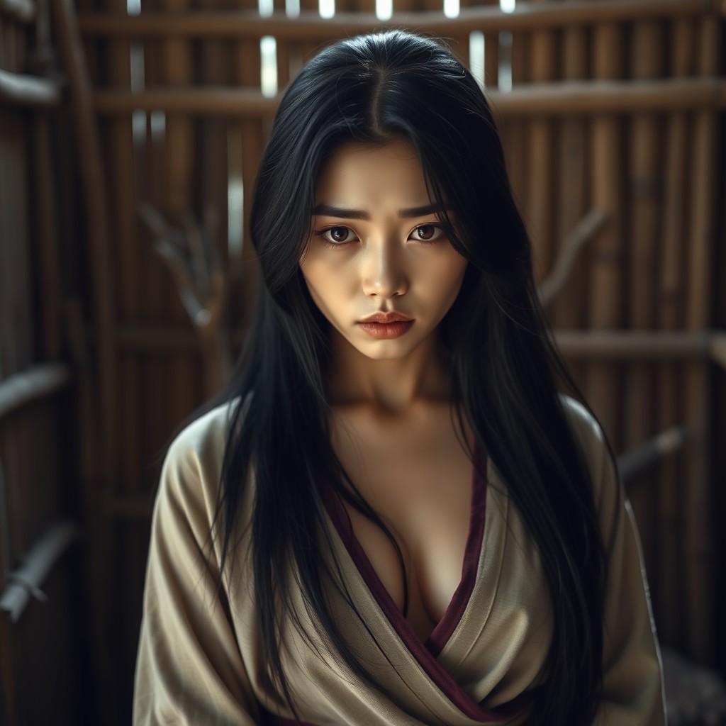 A 23-year-old adult female model from Korea, characterized by her beauty and long flowing black hair, depicting an indigenous character