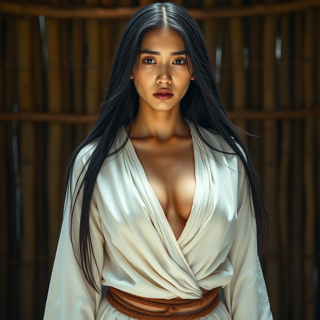 A 23-year-old model from Korea, beautiful with long flowing black hair, portraying an indigenous character