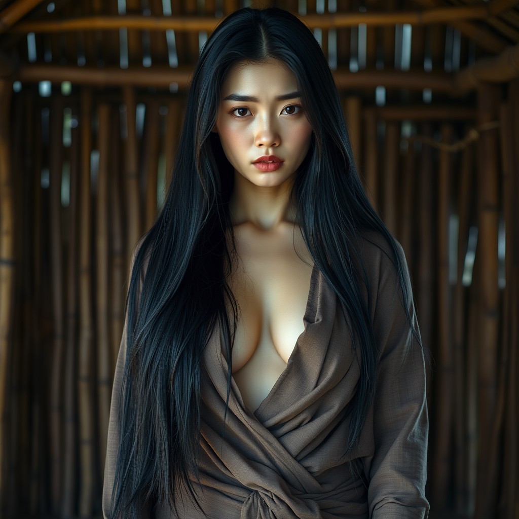 A 23-year-old beautiful female model from Korea, portraying an adult woman from an indigenous tribe, with long flowing black hair, smooth white skin, and a full, curvy, proportional body