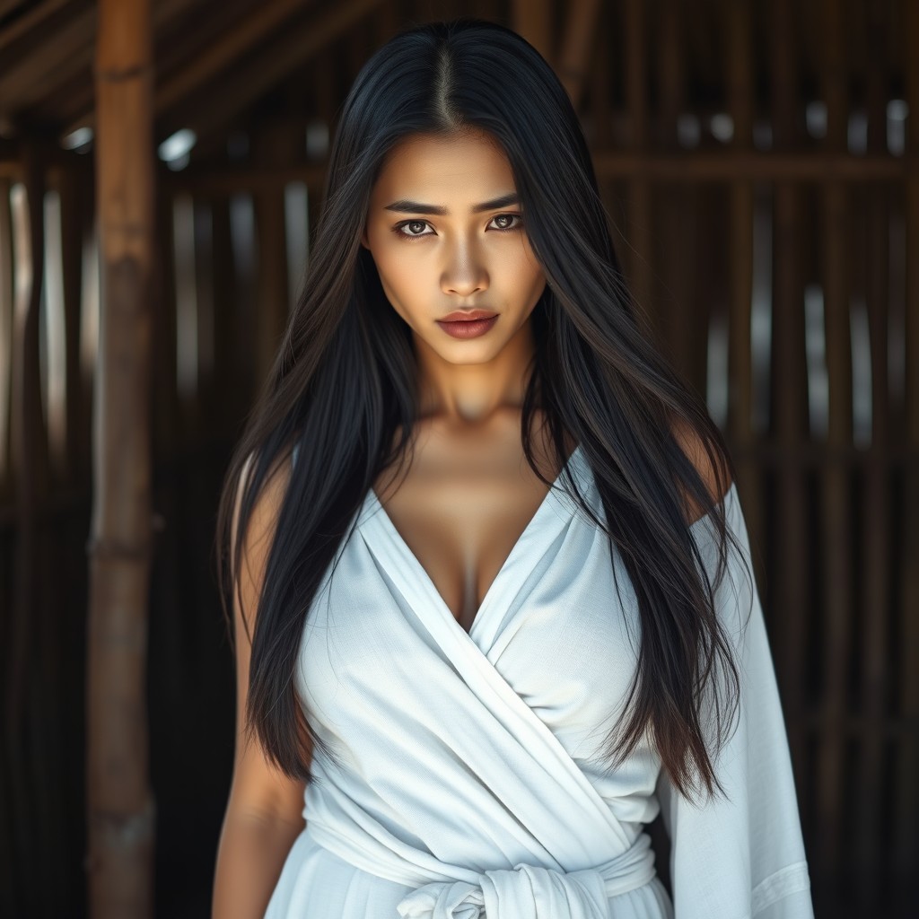 A 23-year-old beautiful female model from Korea, portraying an adult woman from an indigenous tribe, with long flowing black hair and smooth, clear white skin