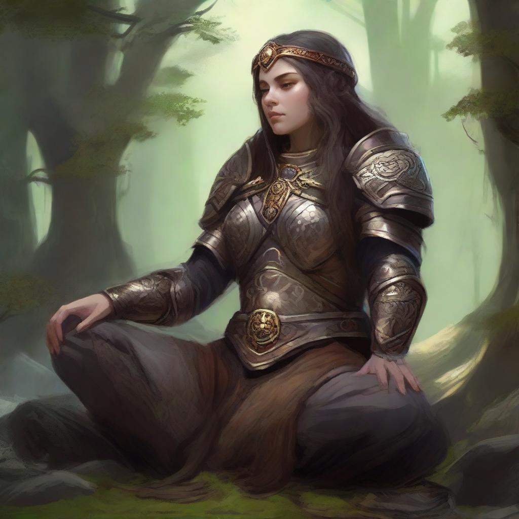 A dwarven female kineticist, adorned in her formidable heavy armor, meditates in profound tranquility. Around her, the shifting, tangible energy of nature takes form, reflecting her deep elemental bond.