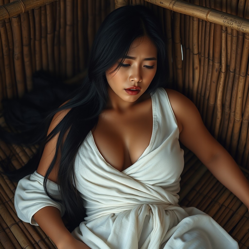 A 23-year-old beautiful female model from Korea, portraying an adult woman from an indigenous tribe, with long flowing black hair, smooth and clear white skin, a full, curvy, and proportional body