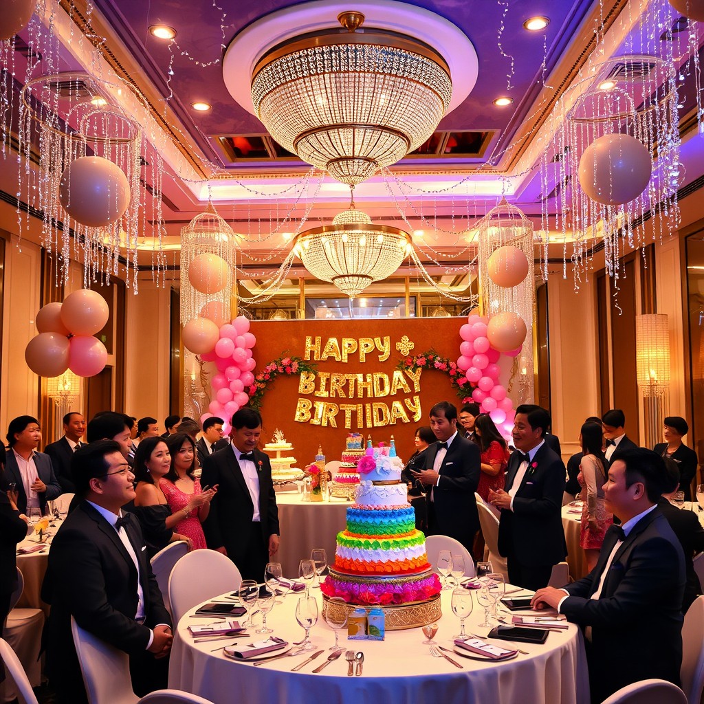 A luxurious hotel birthday celebration featuring an elegant ballroom adorned with elegant decorations, including lavish balloons, twinkling fairy lights, and a stunning cake with colorful layers