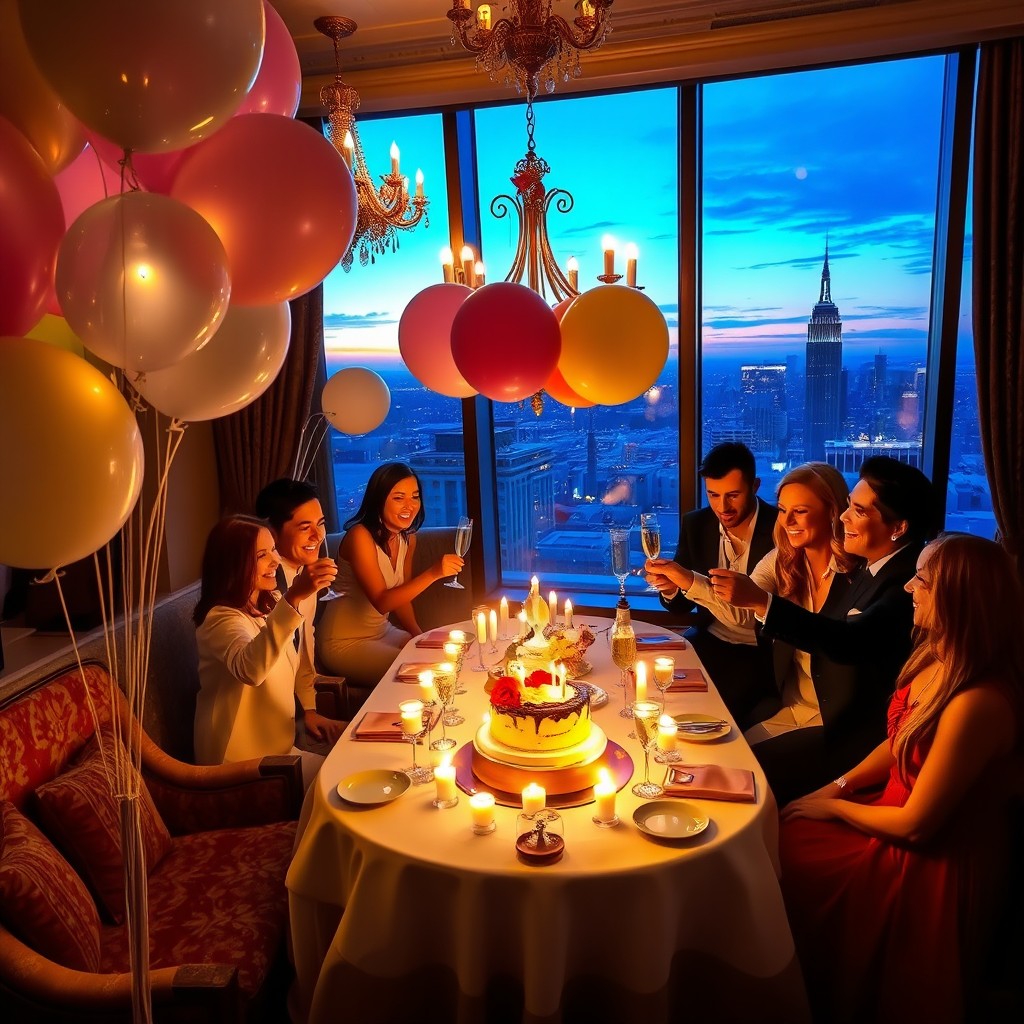 A luxurious hotel interior decorated for a birthday celebration, featuring lavish balloons, a beautifully set dining table with a birthday cake surrounded by elegant candlelight