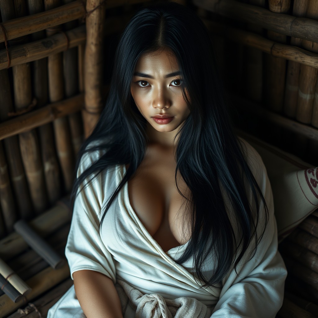 A 23-year-old beautiful female model from Korea, portraying an adult woman from an indigenous tribe, with long flowing black hair, smooth and clear white skin, and a full, curvy, proportional body
