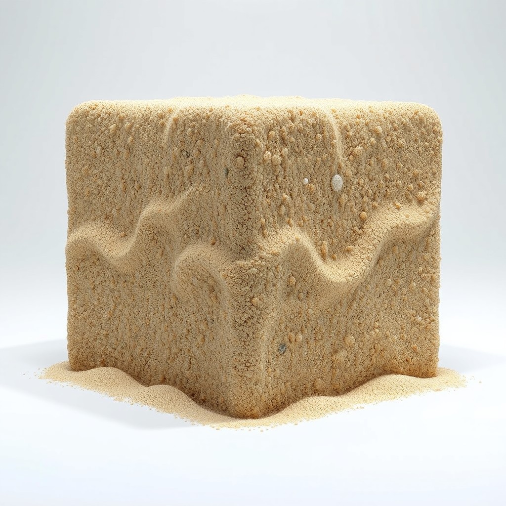 A highly detailed sand texture cube, showcasing the intricate grains and varying colors of sand, against a neutral background