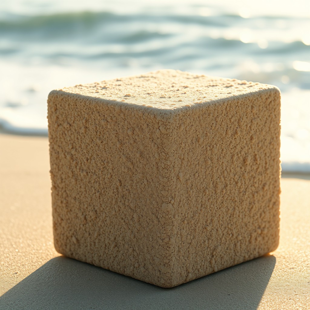 A highly detailed and realistic cube with a textured surface that resembles sand, showcasing fine grains and varying shades of beige and light brown
