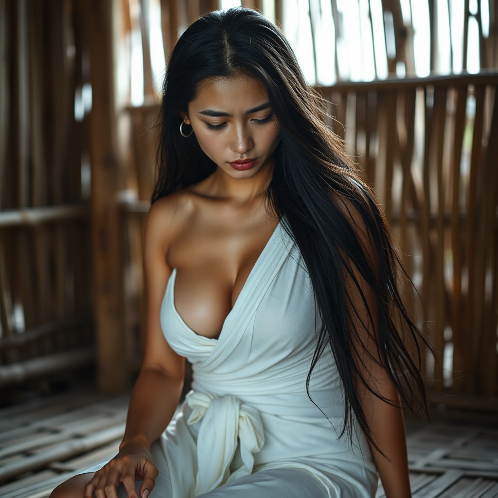 A 23-year-old beautiful female model from Korea, portraying an adult woman from an indigenous tribe, with long flowing black hair, smooth and clear white skin, and a full, curvy, proportional body