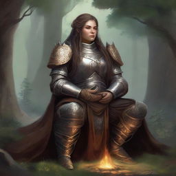 A dwarven female kineticist, adorned in her formidable heavy armor, meditates in profound tranquility. Around her, the shifting, tangible energy of nature takes form, reflecting her deep elemental bond.