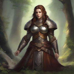 A dwarven female kineticist, adorned in her formidable heavy armor, meditates in profound tranquility. Around her, the shifting, tangible energy of nature takes form, reflecting her deep elemental bond.