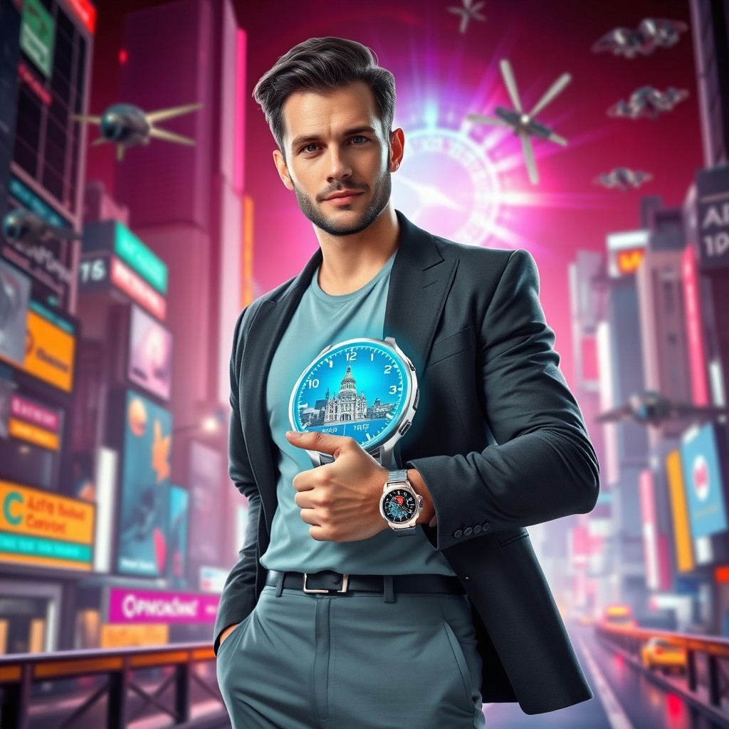 A man in a stylish, futuristic outfit, wearing a sleek and sophisticated time travel watch on his wrist