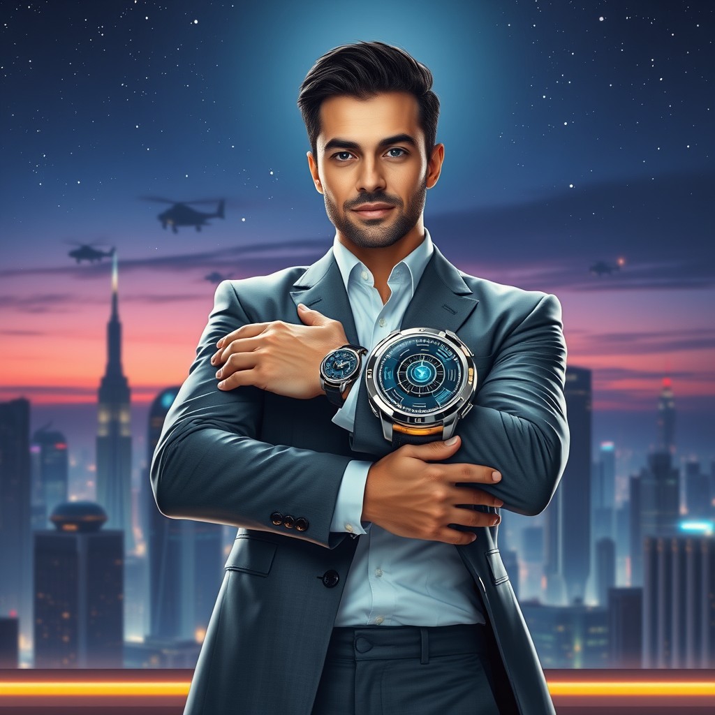 A futuristic man standing confidently in a sleek, stylish suit, showcasing a high-tech time travel watch on his wrist