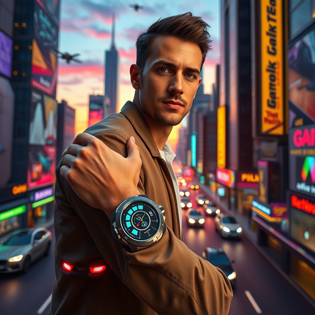 A futuristic man wearing a sleek, advanced time travel watch on his wrist