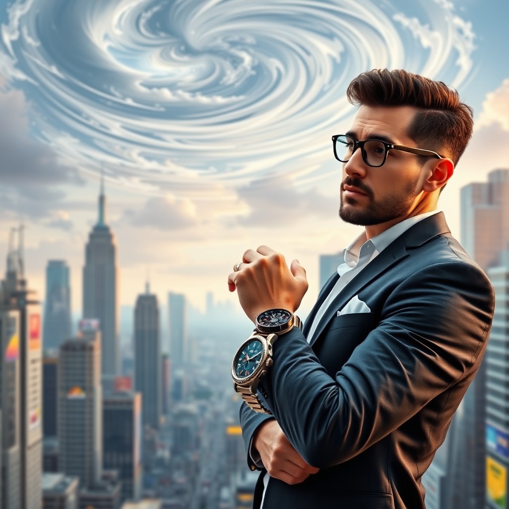 A man in a stylish, futuristic outfit, wearing a sleek time travel watch on his wrist