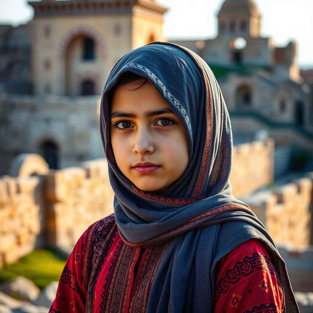 A Syrian girl wearing a hijab, showcasing a vibrant traditional dress, set against a scenic backdrop of ancient architectural structures reminiscent of Syrian culture