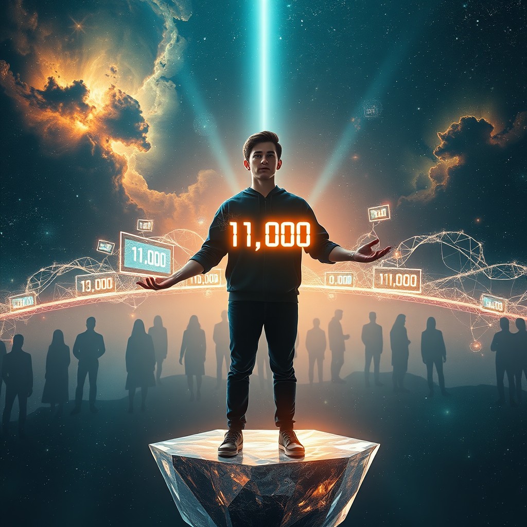 A lone mentor figure in his 20s stands confidently on a floating crystal platform in a vast cosmic void
