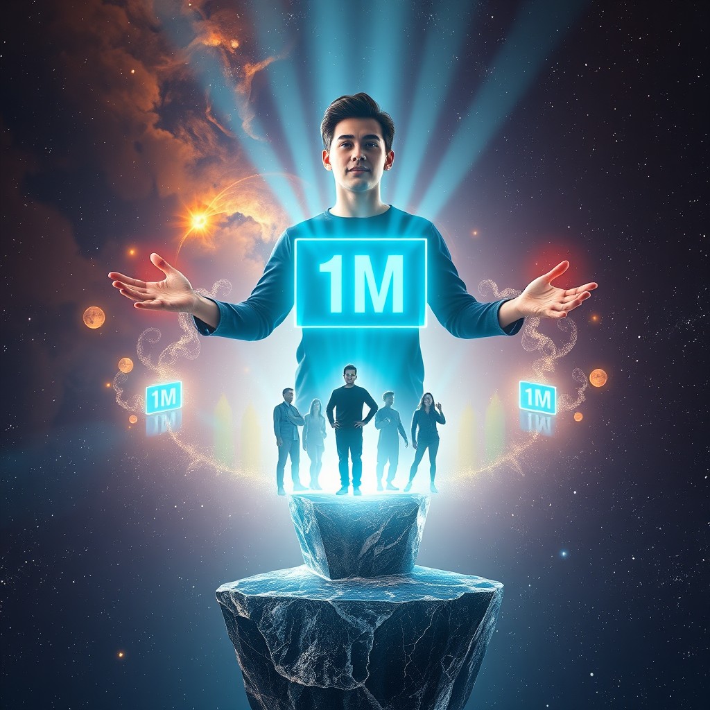 A young mentor figure in his 20s stands confidently on a floating crystal platform in a vast cosmic void