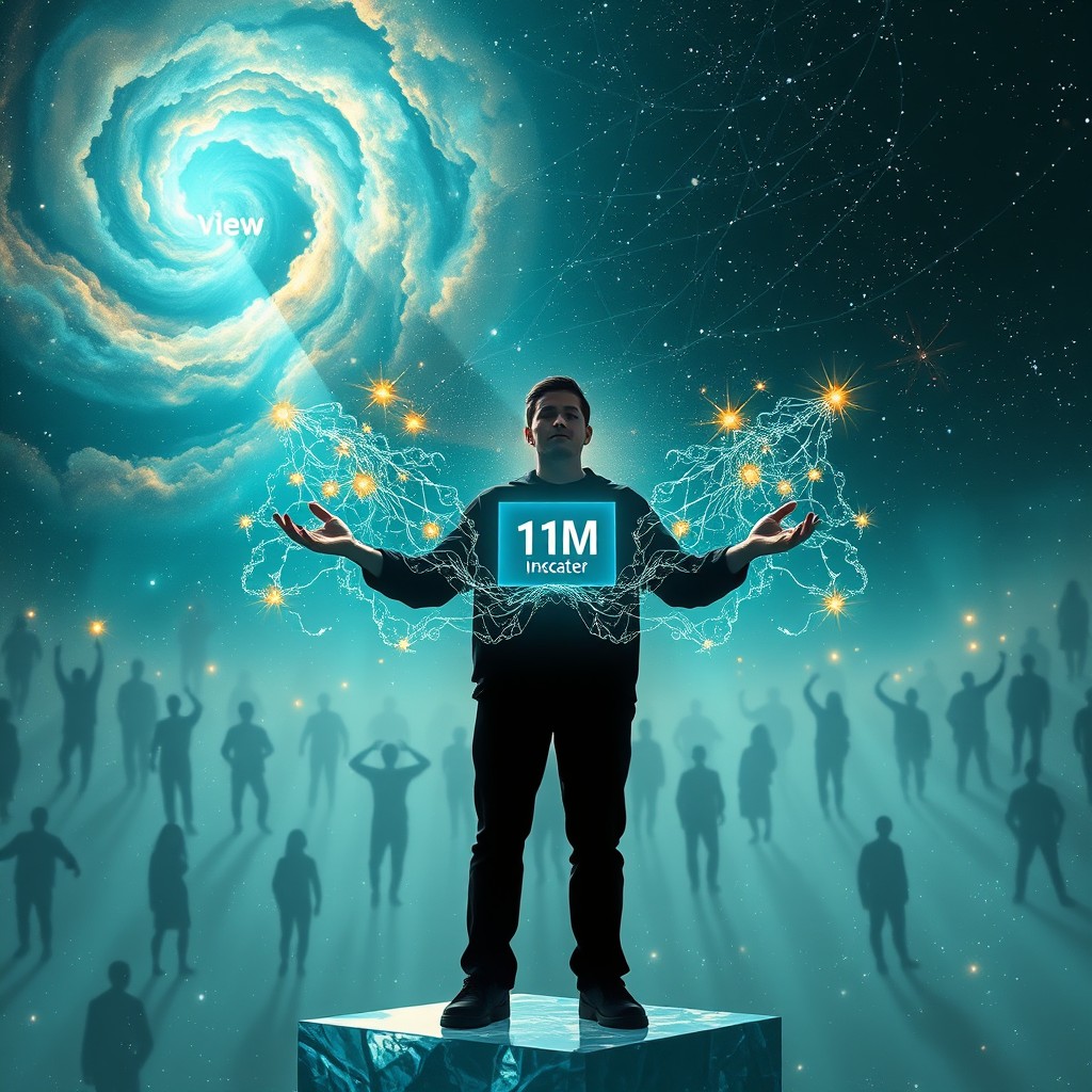 A lone mentor figure in their 20s standing proudly on a floating crystal platform in a vast cosmic void, with hands extended towards a diverse array of silhouettes emerging gracefully from sparkling stardust