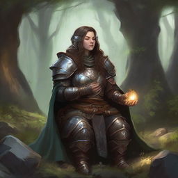 Deep in meditation, a dwarven female kineticist cloaked in heavy armor, basks in the flux of nature's energy, which hovers palpably around her, echoing her harmonious link to the world's elements.