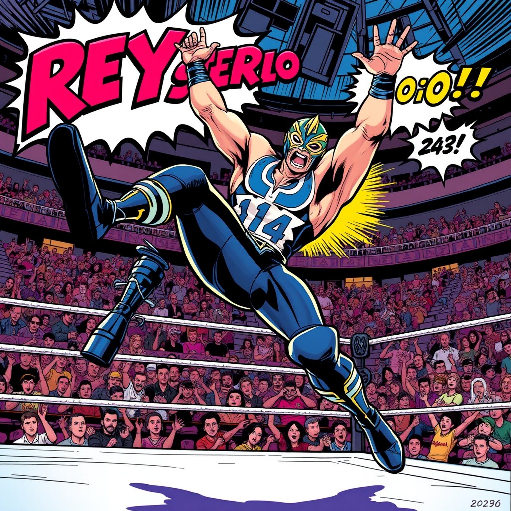 Dynamic Comic Book Illustration of Rey Mysterio in Action