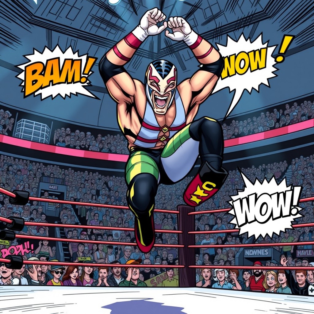 A dynamic comic book illustration featuring Rey Mysterio as a masked wrestler performing an acrobatic move in a wrestling ring