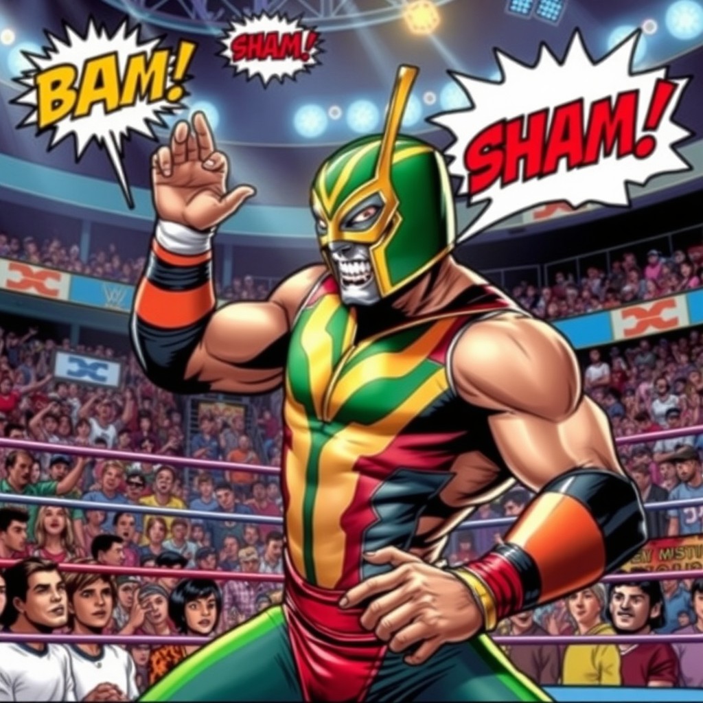 A vibrant comic book scene featuring Rey Mysterio, dressed in his iconic colorful lucha libre mask and costume
