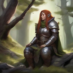 Deep in meditation, a dwarven female kineticist cloaked in heavy armor, basks in the flux of nature's energy, which hovers palpably around her, echoing her harmonious link to the world's elements.