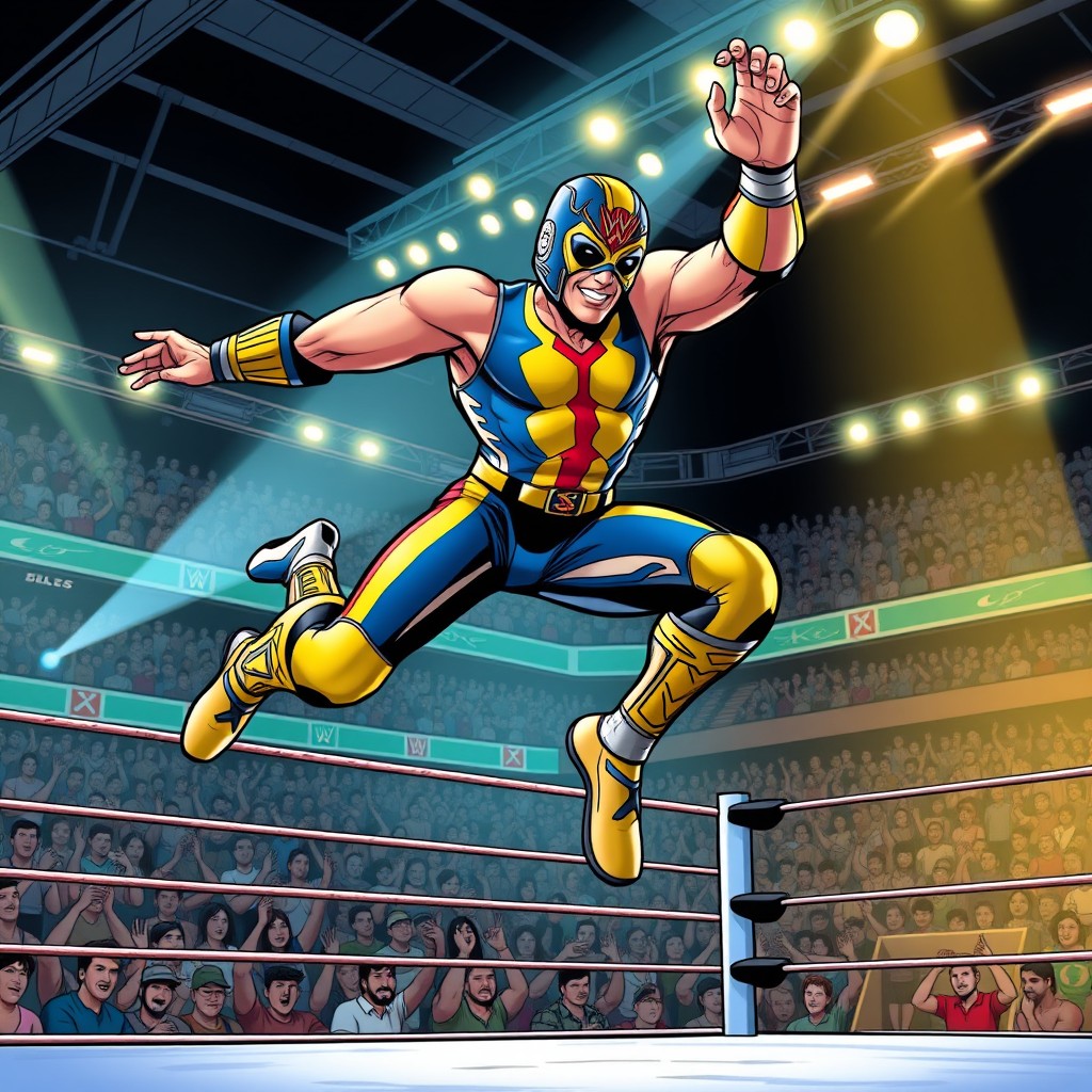 A dynamic comic panel featuring Rey Mysterio, the famous WWE luchador, showcasing his signature high-flying moves in a wrestling ring
