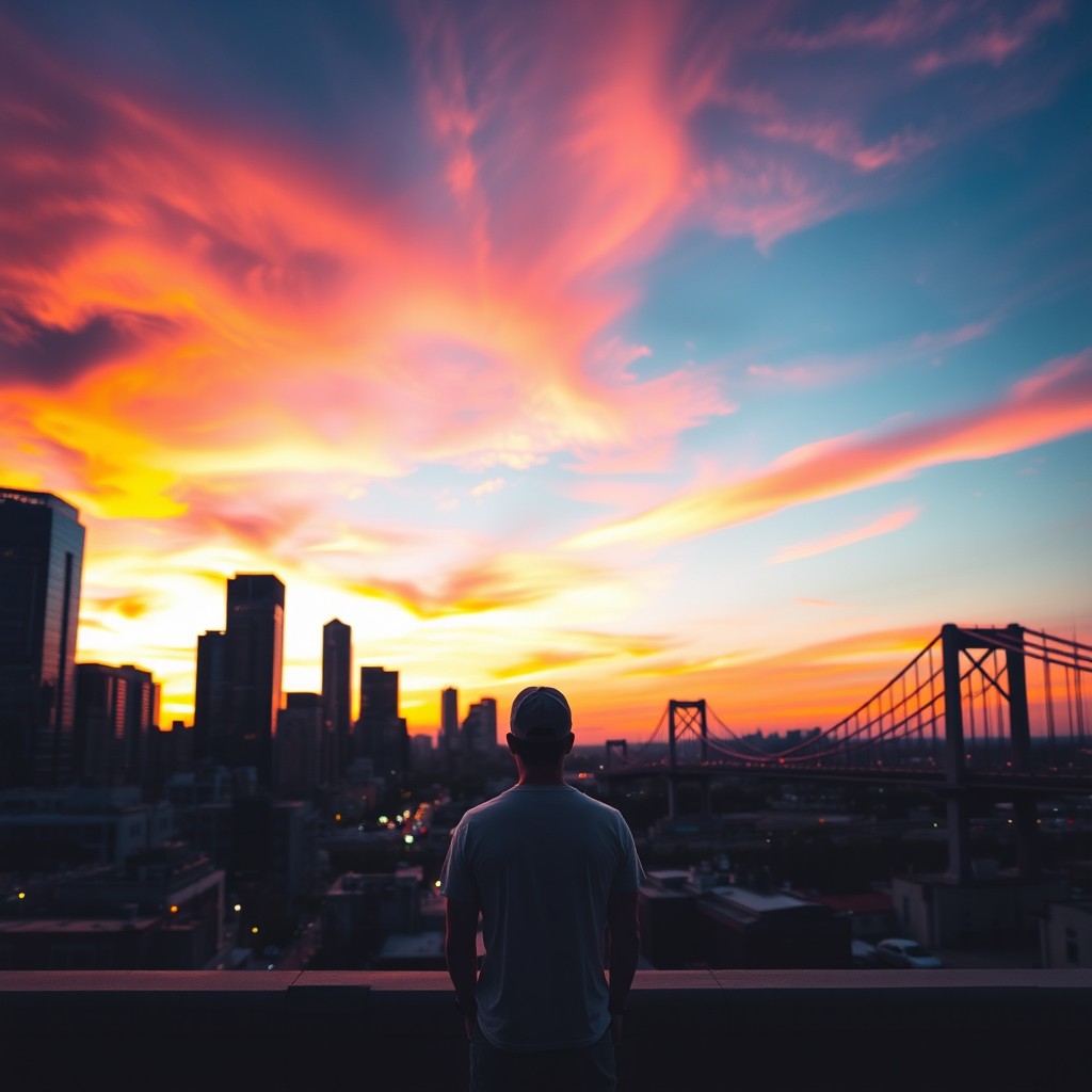 An engaging cover photo featuring a vibrant city skyline at sunset, with colorful clouds reflecting shades of orange, pink, and purple