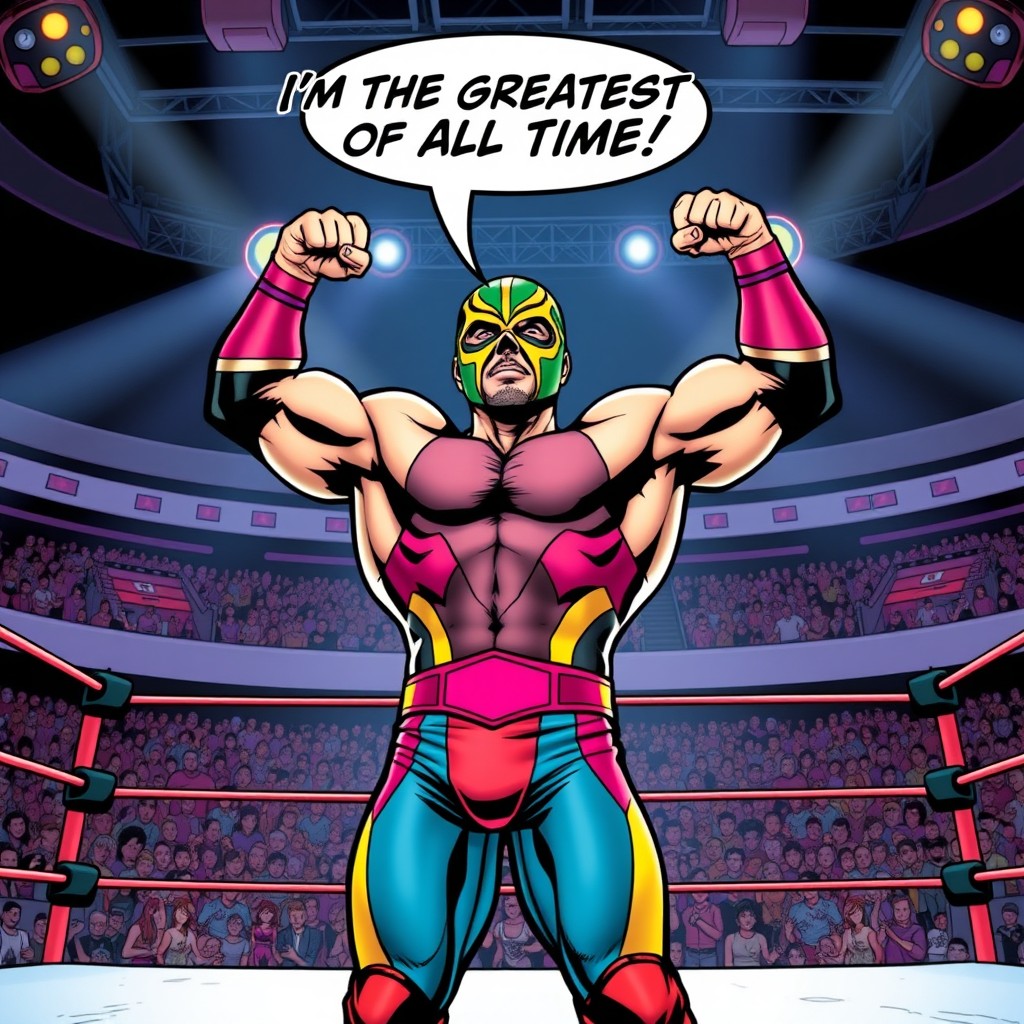 A vibrant comic book panel featuring Rey Mysterio, the iconic WWE wrestler, standing triumphantly in the center of a wrestling ring