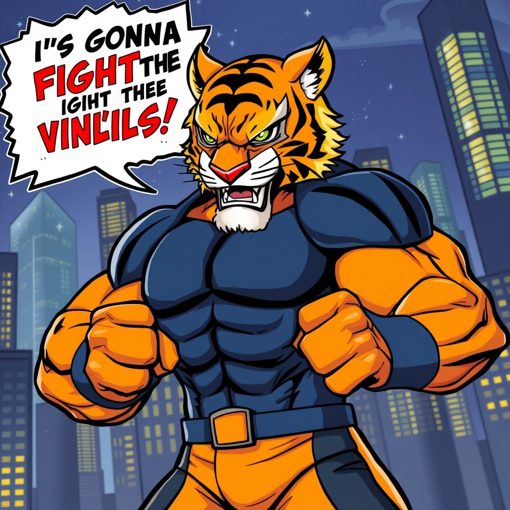 A vibrant comic-style illustration of a muscular superhero wearing a striking tiger mask