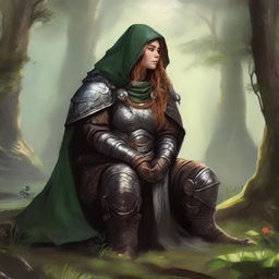 Deep in meditation, a dwarven female kineticist cloaked in heavy armor, basks in the flux of nature's energy, which hovers palpably around her, echoing her harmonious link to the world's elements.