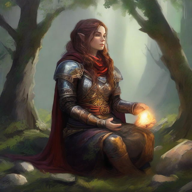 Deep in meditation, a dwarven female kineticist cloaked in heavy armor, basks in the flux of nature's energy, which hovers palpably around her, echoing her harmonious link to the world's elements.