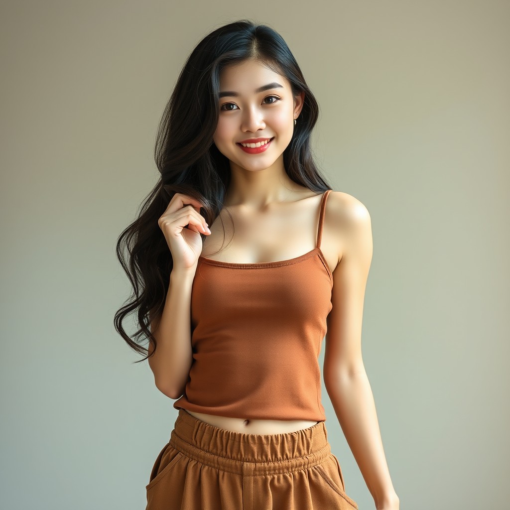A full-body photo of a 20-year-old young woman with fair skin and long, loose wavy black hair
