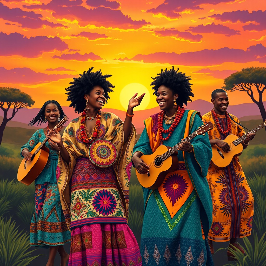 A vibrant and colorful portrayal of African culture, showcasing traditional attire with intricate patterns and designs, featuring women wearing beautifully woven kaftans and men in elegant dashikis