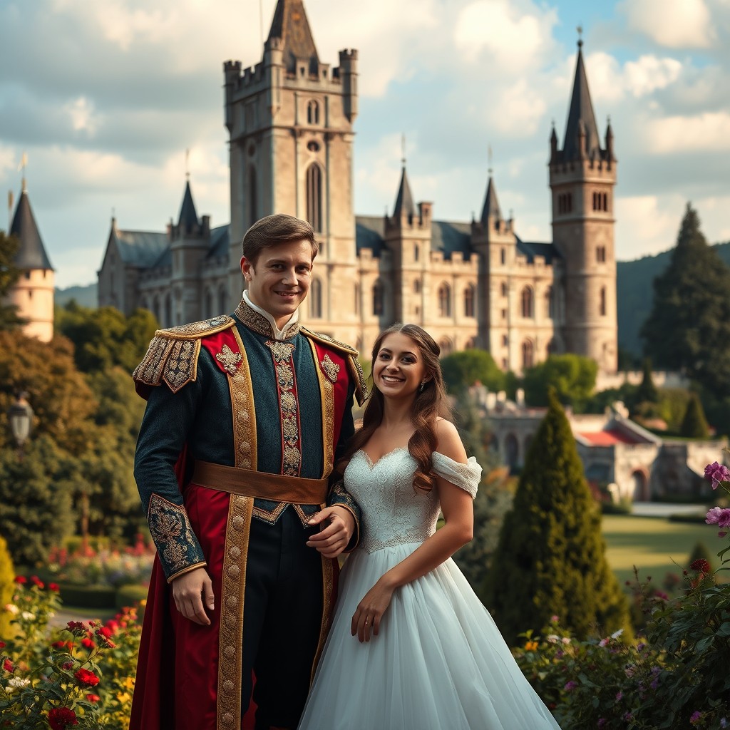 A handsome prince standing next to a beautiful young woman, set against the majestic backdrop of a grand castle in England