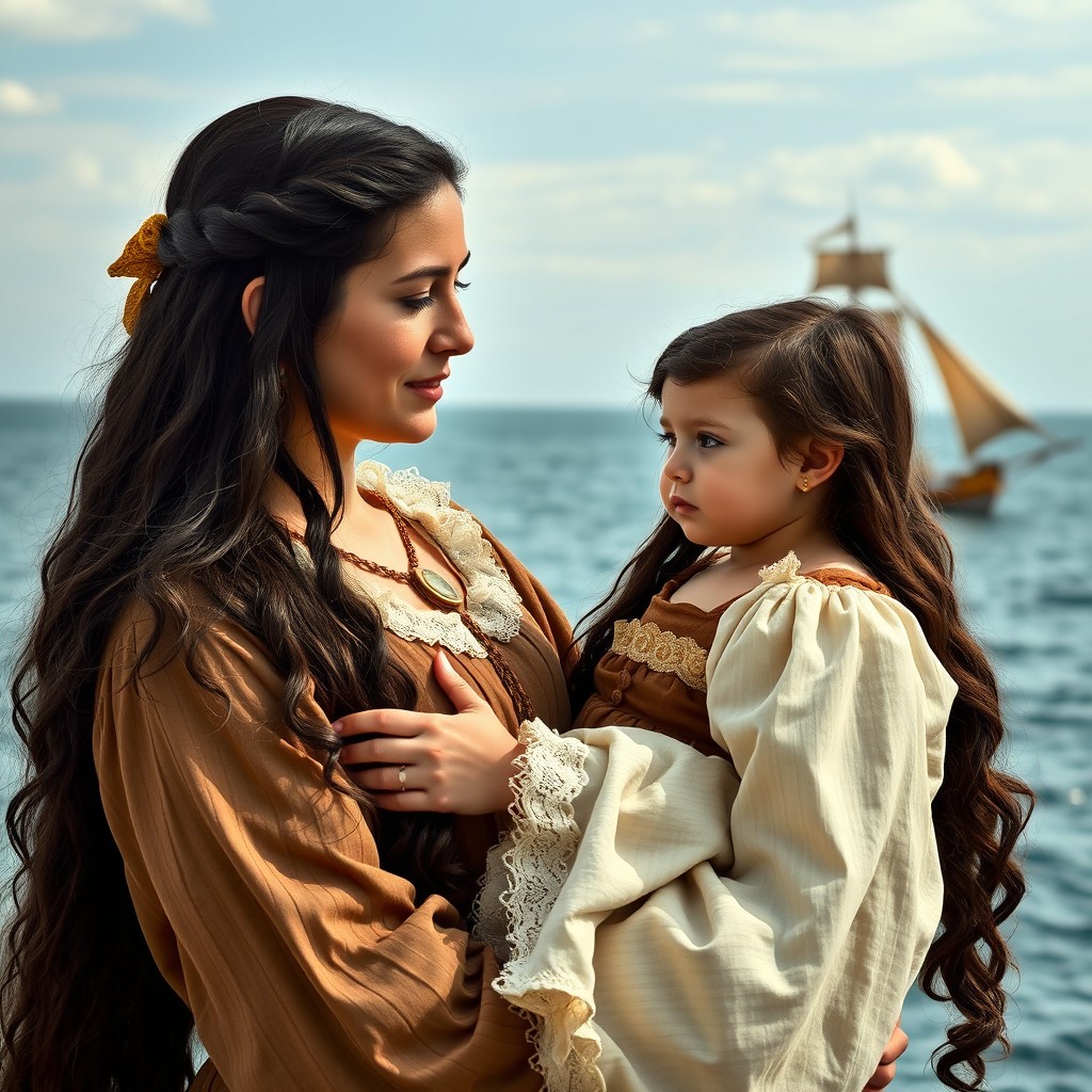 A Portuguese woman with long dark hair dressed in 1550s attire, holding her 3-year-old daughter in her arms