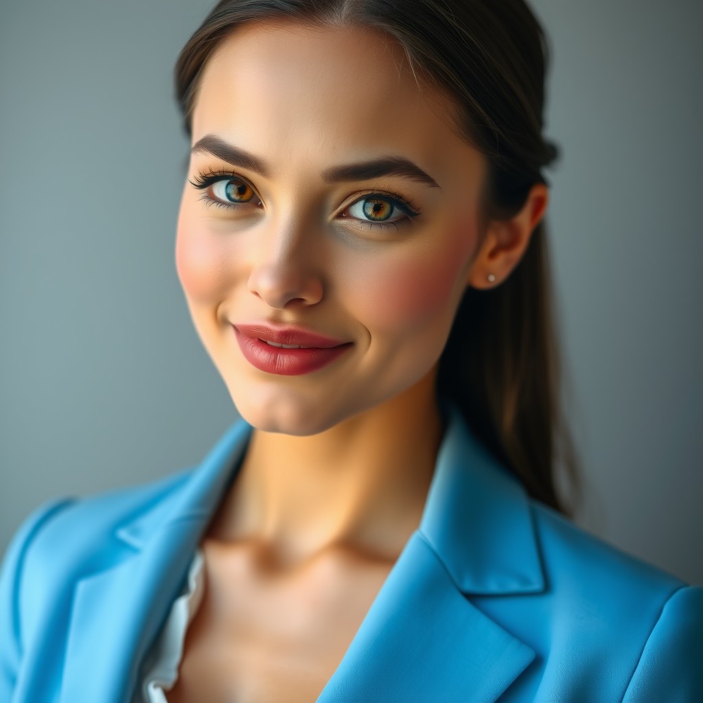 A very beautiful woman with an oval face, defined chin, neatly curved eyebrows, sharp gaze, and a sympathetic smile