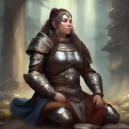 Engulfed in a serenity, a dwarven female kineticist, adorned in her impressive heavy armor, meditates. The tangible essence of circulating nature's energy surrounds her, mirroring her intrinsic connection to the natural elements.